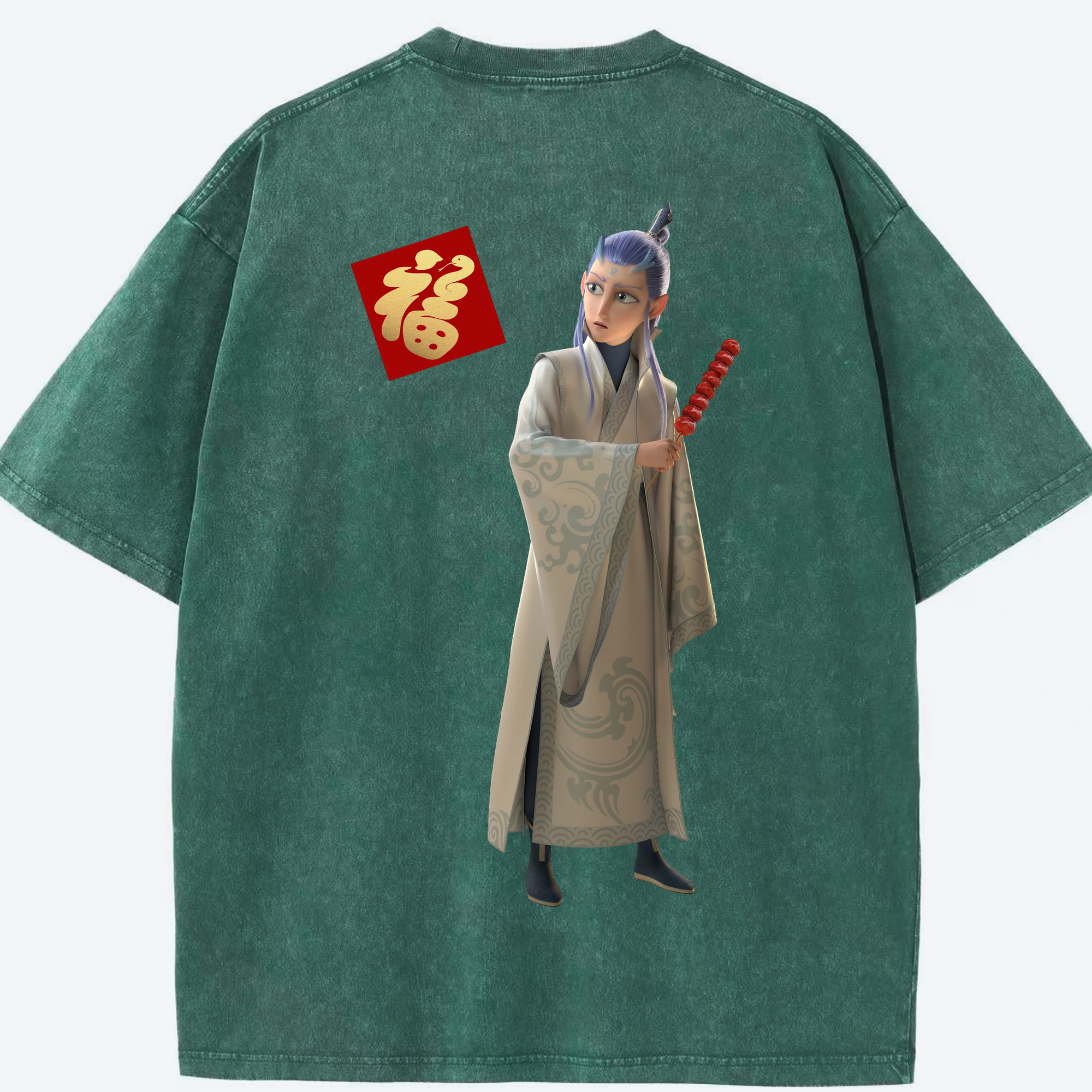 （画像用） Ne Zha 2 ナタ 魔童の大暴れ 綿100% ヴィンテージ風 半袖Tシャツ（背面プリント）